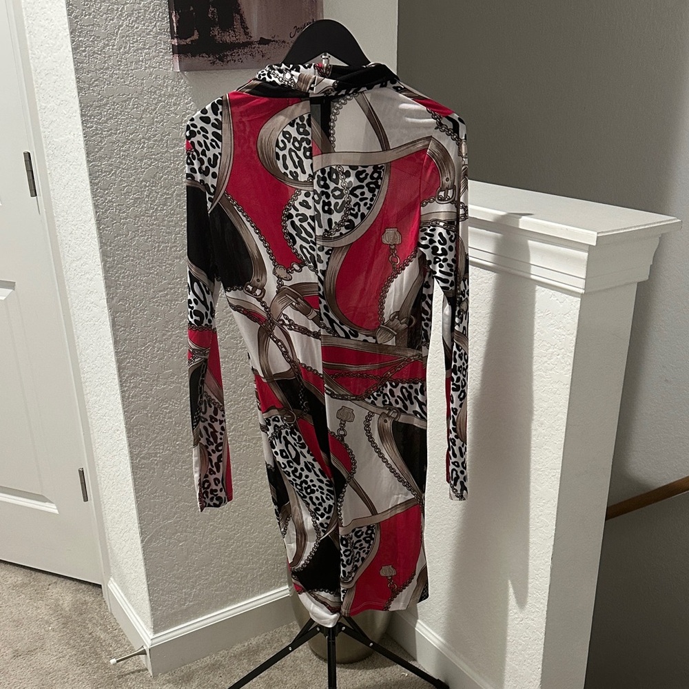 S.L. Fashions Red Chain & Leopard Print Long Sleeve Wrap Dress - Picture 4 of 8
